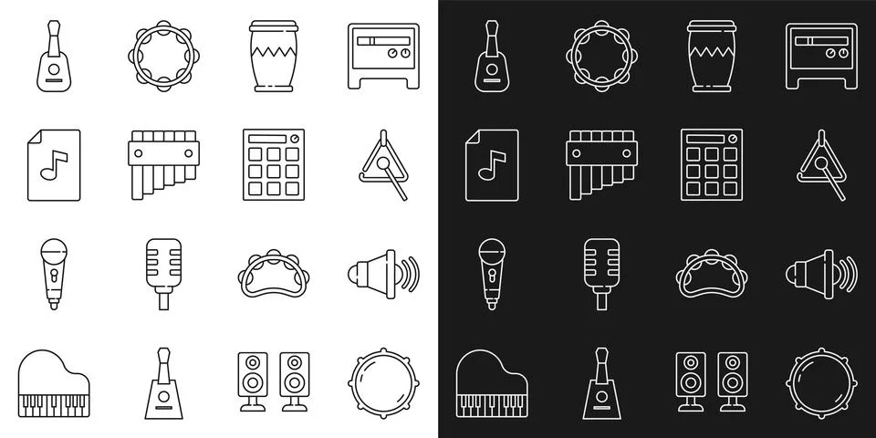 Set line Dial knob level, Speaker volume, Triangle, Drum, Pan flute, Music bo Stock Illustration