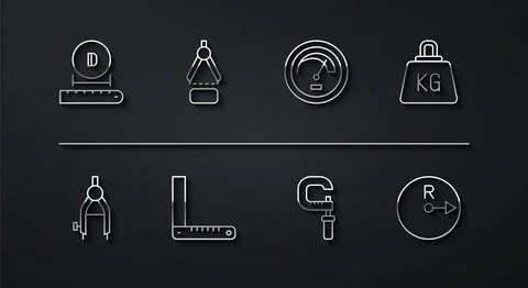 Set line Diameter, Drawing compass, Weight, Micrometer, Corner ruler, Radius and Illustrazione stock