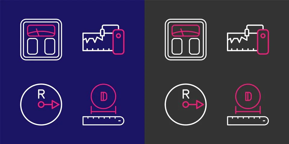 Set line Diameter, Radius, Measuring instrument and Bathroom scales icon. V.. Stock Illustration