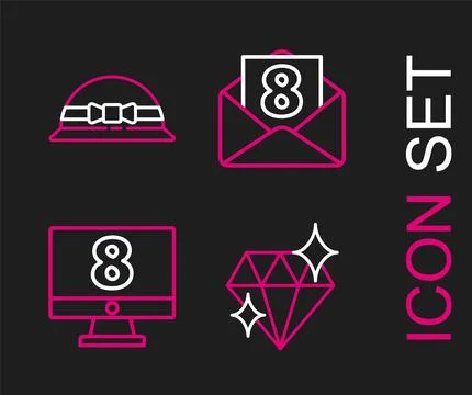 Set line Diamond, 8 March monitore, Envelope with and Elegant women hat icon. Illustrazione stock