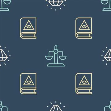 Set line Diamond, Ancient magic book and Libra zodiac on seamless pattern 스톡 일러스트