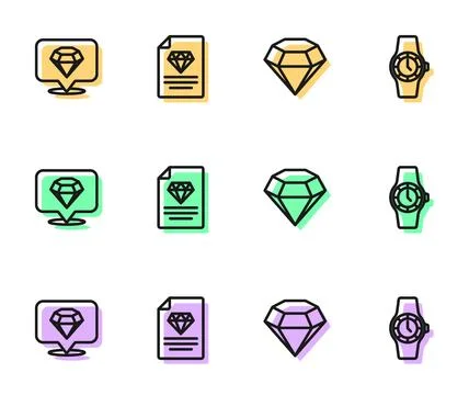 Set line Diamond, Certificate of the diamond and Wrist watch icon. Vector Stock Illustration