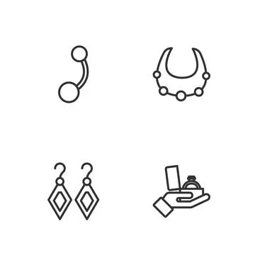 Set line Diamond engagement ring in box, Earrings, Piercing and Necklace icon イラスト素材
