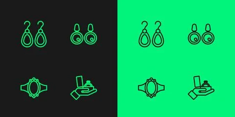 Set line Diamond engagement ring in box, Earrings and icon. Vector Stock Illustration