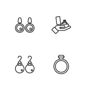 Set line Diamond engagement ring, Earrings, and box icon. Vector Stock Illustration