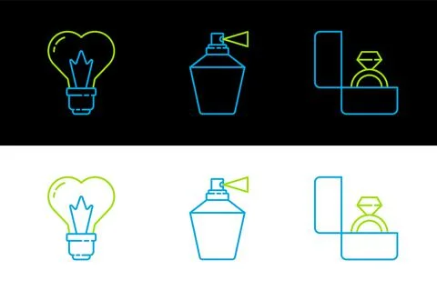 Set line Diamond engagement ring, Heart shape light bulb and Perfume icon. Ve Illustration