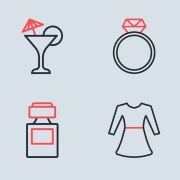 Set line Diamond engagement ring, Perfume, Woman dress and Martini glass ic.. Stock Illustration