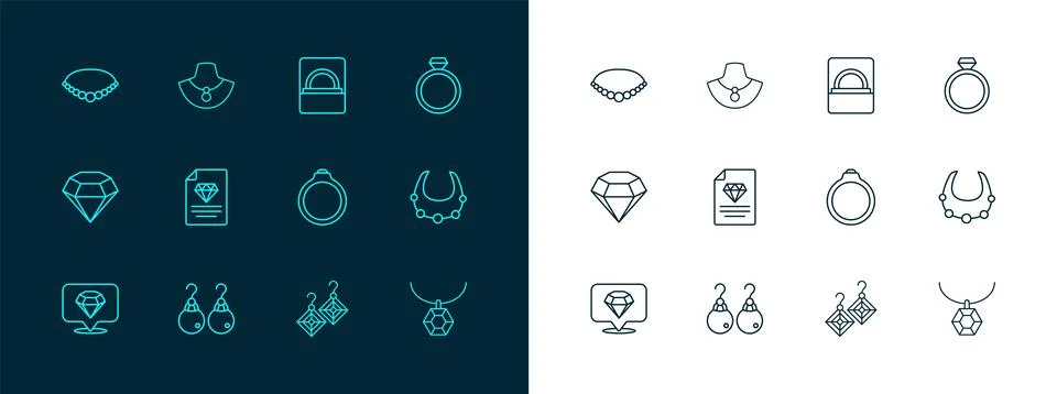 Set line Diamond engagement ring, Earrings, Certificate of the diamond, box.. Stock Illustration