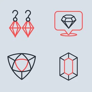 Set line Diamond, Gem stone and Earrings icon. Vector Stock Illustration