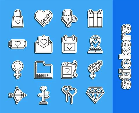 Set line Diamond, Gender, Map pointer with heart, Castle the shape of and key Stockillustratie
