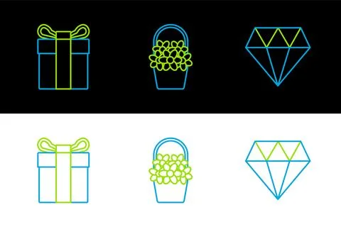 Set line Diamond, Gift box and Flowers in basket icon. Vector イラスト素材