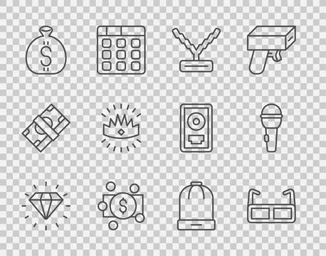 Set line Diamond, Glasses, Rapper chain, Stacks paper money cash, Money bag.. Illustrazione stock