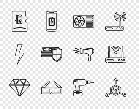 Set line Diamond, Isometric cube, Air conditioner, 3D cinema glasses, Micro.. Stock Illustration