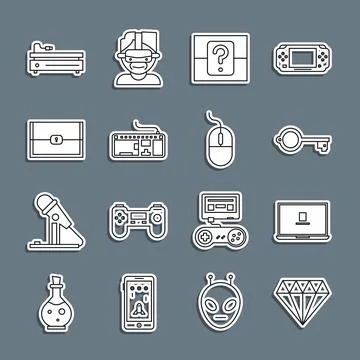Set line Diamond, Laptop, Ancient key for game, Mystery random box, Computer Stock Illustration