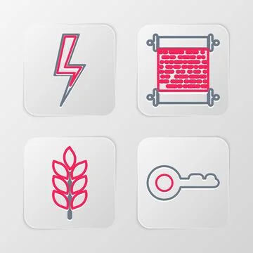 Set line Diamond, Lightning bolt, Paper scroll and Play Video icon. Vector 스톡 일러스트