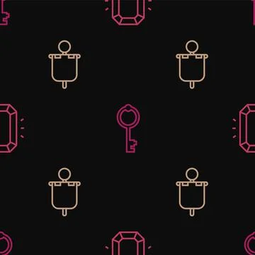 Set line Diamond, Medieval flag and Old key on seamless pattern. Vector Illustrazione stock
