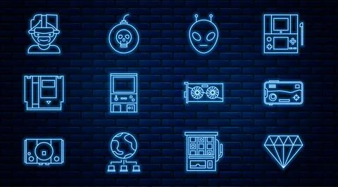 Set line Diamond, Mobile and playing in game, Alien, Retro arcade machine Illustrazione stock