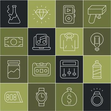 Set line Diamond ring, Paint spray can, Microphone, Music player, Laptop with Stock Illustration