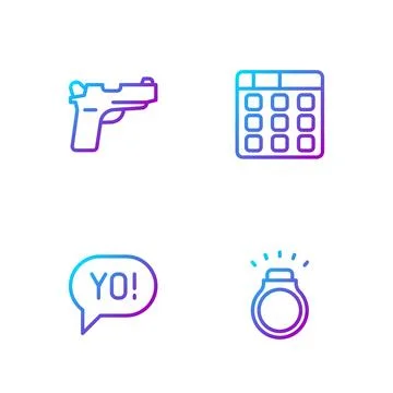Set line Diamond ring, Yo slang lettering, Pistol or gun and Drum machine m.. Stock Illustration