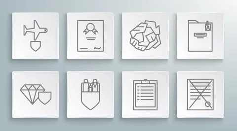 Set line Diamond with shield, Certificate template, Family insurance, Clipb.. Stock Illustration