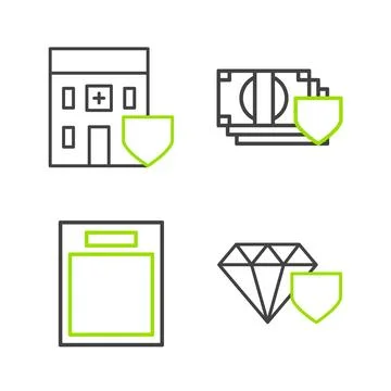 Set line Diamond with shield, Empty form, Money and Medical hospital buildi.. Stock Illustration