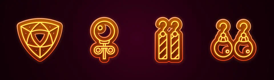 Set line Diamond, Stud earrings, Earrings and . Glowing neon icon. Vector Stock Illustration