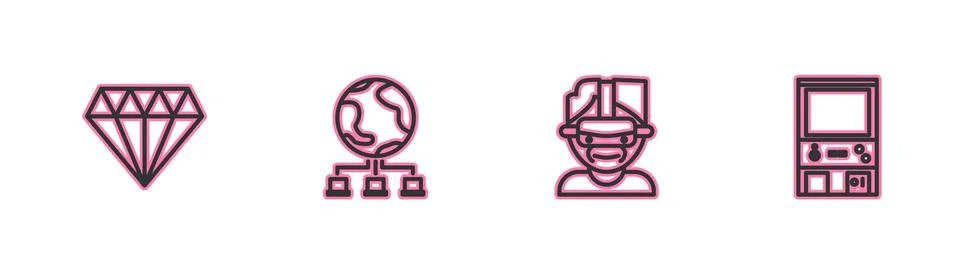 Set line Diamond, Virtual reality glasses, Computer network and Retro arcade Stock Illustration