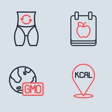 Set line Diet plan, GMO, Kcal and Metabolism icon. Vector Stock Illustration