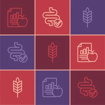 Set line Diet plan, Wheat and Intestines icon. Vector Stock Illustration