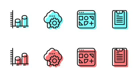 Set line Different files, Data analysis, Cloud technology data transfer and Stock Illustration
