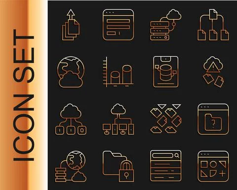 Set line Different files, File missing, Cloud hacking, Network cloud connection Illustrazione stock