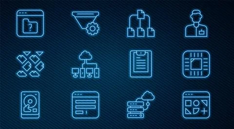 Set line Different files, Processor with CPU, Folder tree, Computer network.. Illustrazione stock