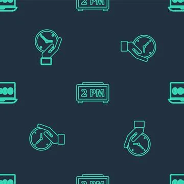 Set line Digital alarm clock, Clock and on laptop on seamless pattern. Vector Stock Illustration