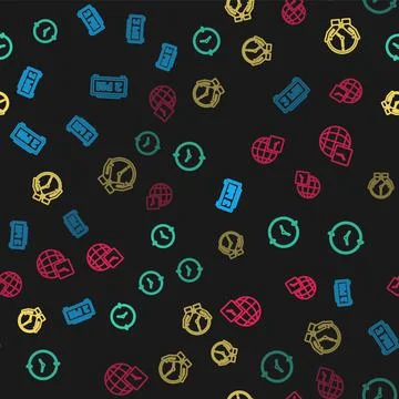 Set line Digital alarm clock, Clock, and World time on seamless pattern. Vector Stock Illustration