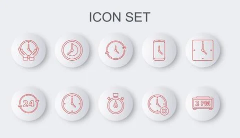 Set line Digital alarm clock, Clock 24 hours, delete, and Stopwatch icon. Vector Stock Illustration