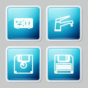 Set line Digital alarm clock, Water tap, Floppy disk and icon. Vector Illustrazione stock
