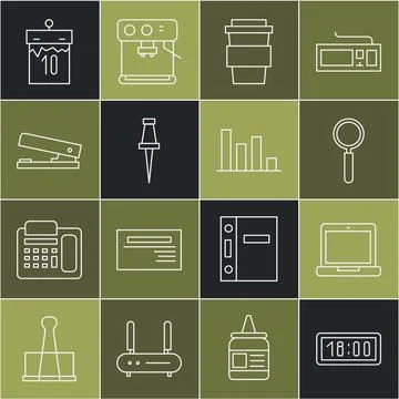 Set line Digital alarm clock, Laptop, Magnifying glass, Coffee cup go, Push pin Stock Illustration