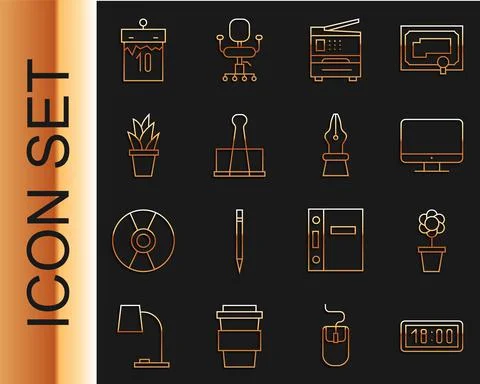 Set line Digital alarm clock, Flower in pot, Computer monitor screen, Printer 库存插图