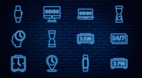 Set line Digital alarm clock, Clock 24 hours, on laptop, Old hourglass, Time Illustrazione stock