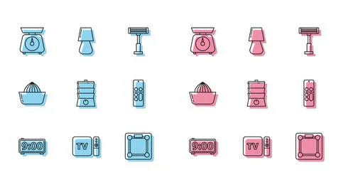 Set line Digital alarm clock, TV box receiver and player with remote controller Stock Illustration