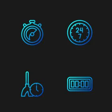 Set line Digital alarm clock, Cleaning time, Stopwatch and Clock 24 hours Illustrazione stock