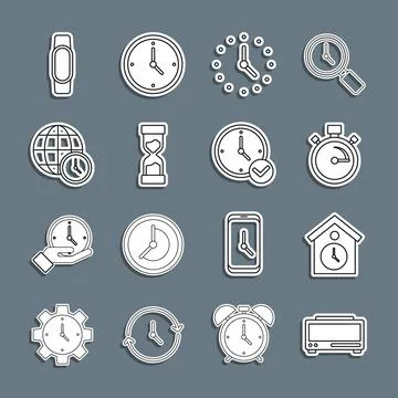 Set line Digital alarm clock, Retro wall watch, Stopwatch, Clock, Old hourglass Stock Illustration