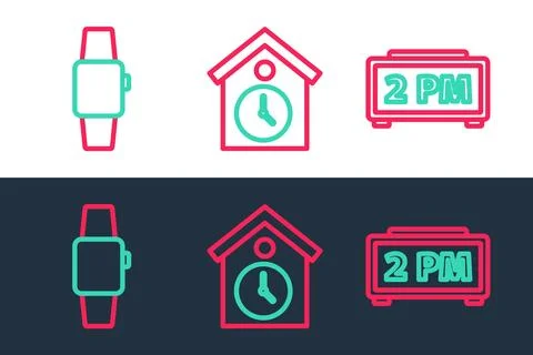 Set line Digital alarm clock, Smartwatch and Retro wall icon. Vector Illustrazione stock