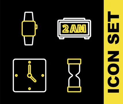 Set line Digital alarm clock, Old hourglass, Clock and Smartwatch icon. Vector Illustrazione stock