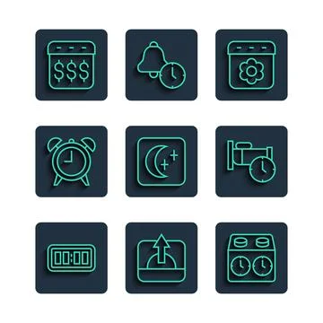Set line Digital alarm clock, Sunrise, Time chess, Calendar spring, Moon and Illustrazione stock