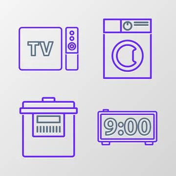 Set line Digital alarm clock, Slow cooker, Washer and TV box receiver and player Stock Illustration