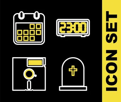 Set line Digital alarm clock, Tombstone with cross, Floppy disk in the 5.25-inch Stock Illustration