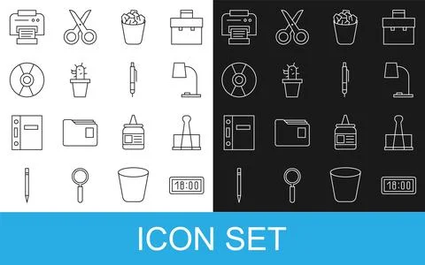 Set line Digital alarm clock, Binder clip, Table lamp, Full trash can, Cactus Illustrazione stock