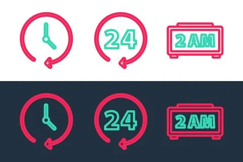 Set line Digital alarm clock, Clock and 24 hours icon. Vector Stock Illustration