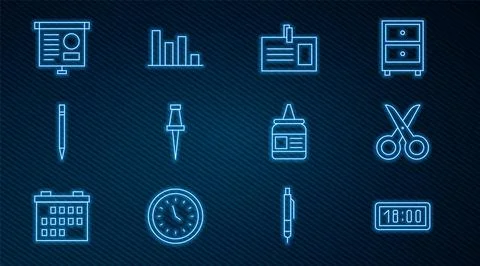 Set line Digital alarm clock, Scissors, Identification badge, Push pin, Pen.. Illustrazione stock